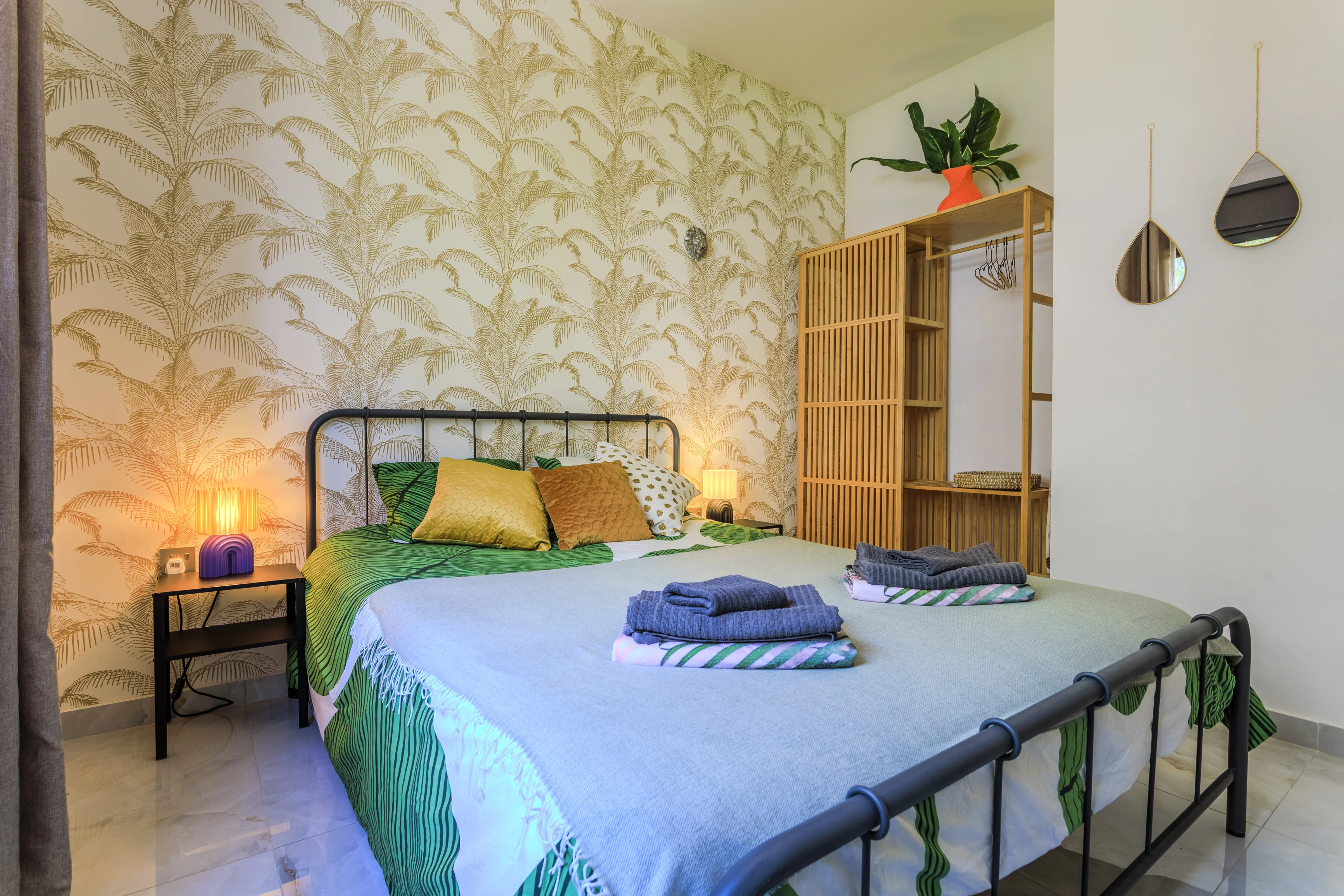 Double bed with open wardrobe