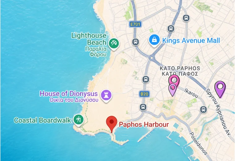 Map of Kato Paphos showing all three Harbour Stay apartments near Paphos Harbour and Kings Avenue Mall