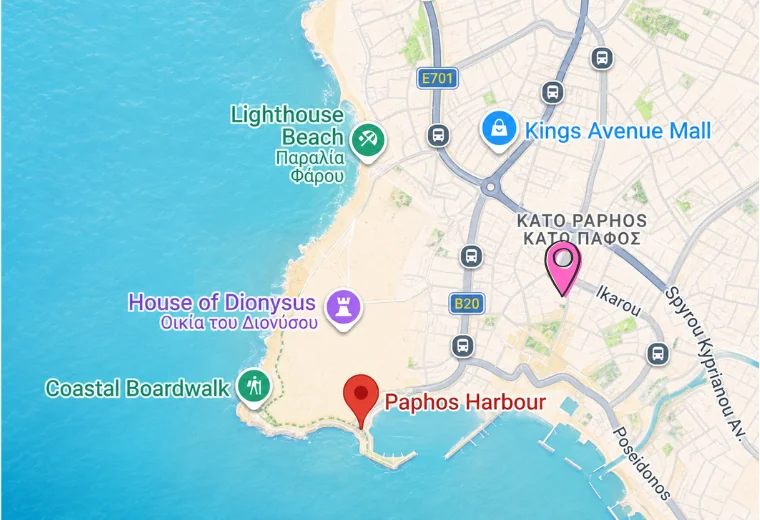 Map of Kato Paphos showing Margarita Gardens 6 near Paphos Harbour and Kings Avenue Mall