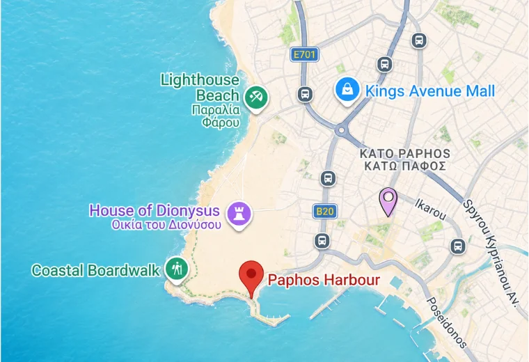 Map of Kato Paphos showing Margarita Gardens 2 near Paphos Harbour and Kings Avenue Mall
