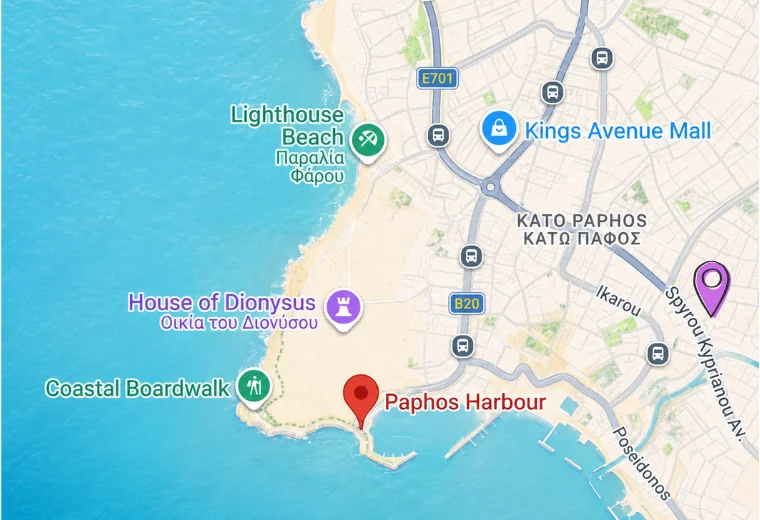 Map of Kato Paphos showing Paradise Gardens 3 near Paphos Harbour and Kings Avenue Mall